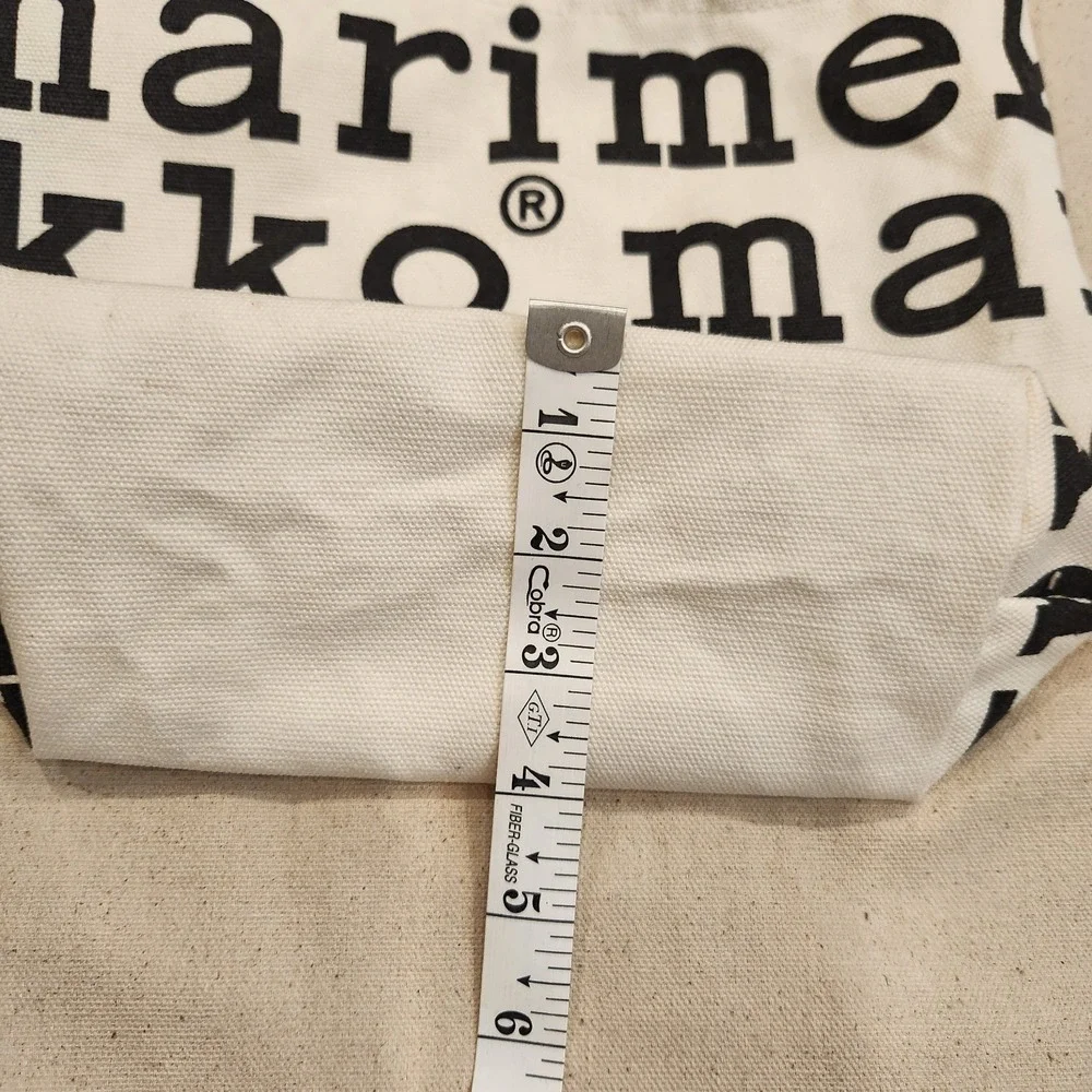 New Marimekko Canvas Tote Bag White Black Logo Lettering Print Small Mini